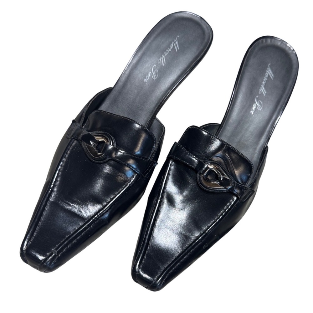 Marcello Paci Leather Mules Women 9.5 Pointe Toe Kitten Heel Black Buckle Brazil